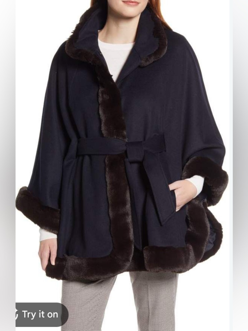 ELLEN TRACY Faux Fur Trimmed Wool Blend Cape Coat